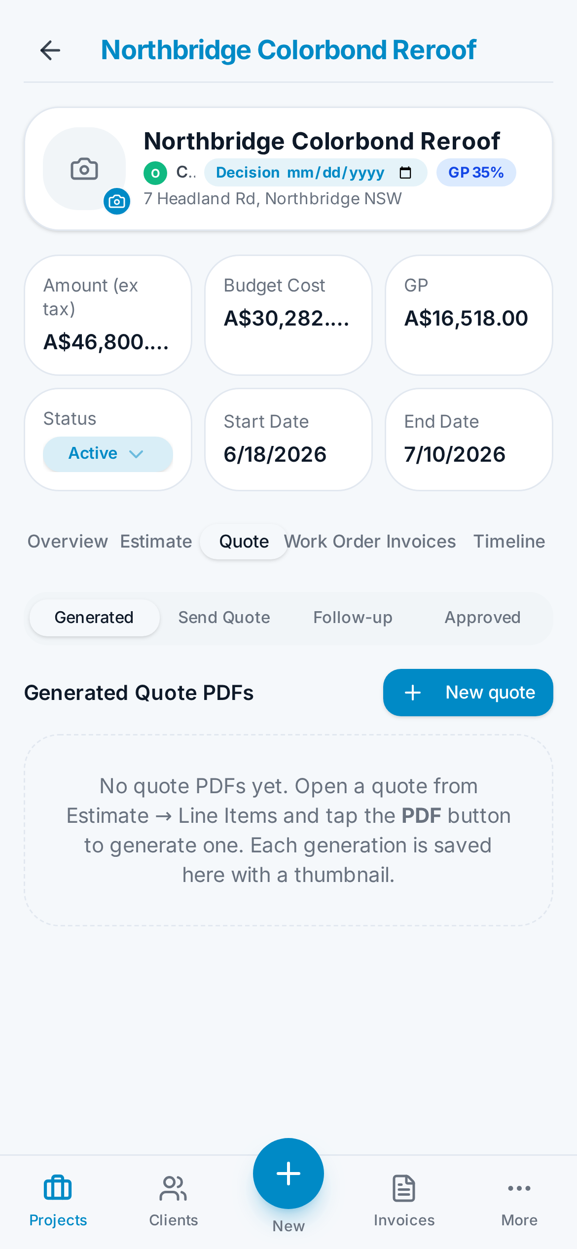 Quote tab inside a project showing Generated, Send Quote, Follow-up and Approved sub-tabs