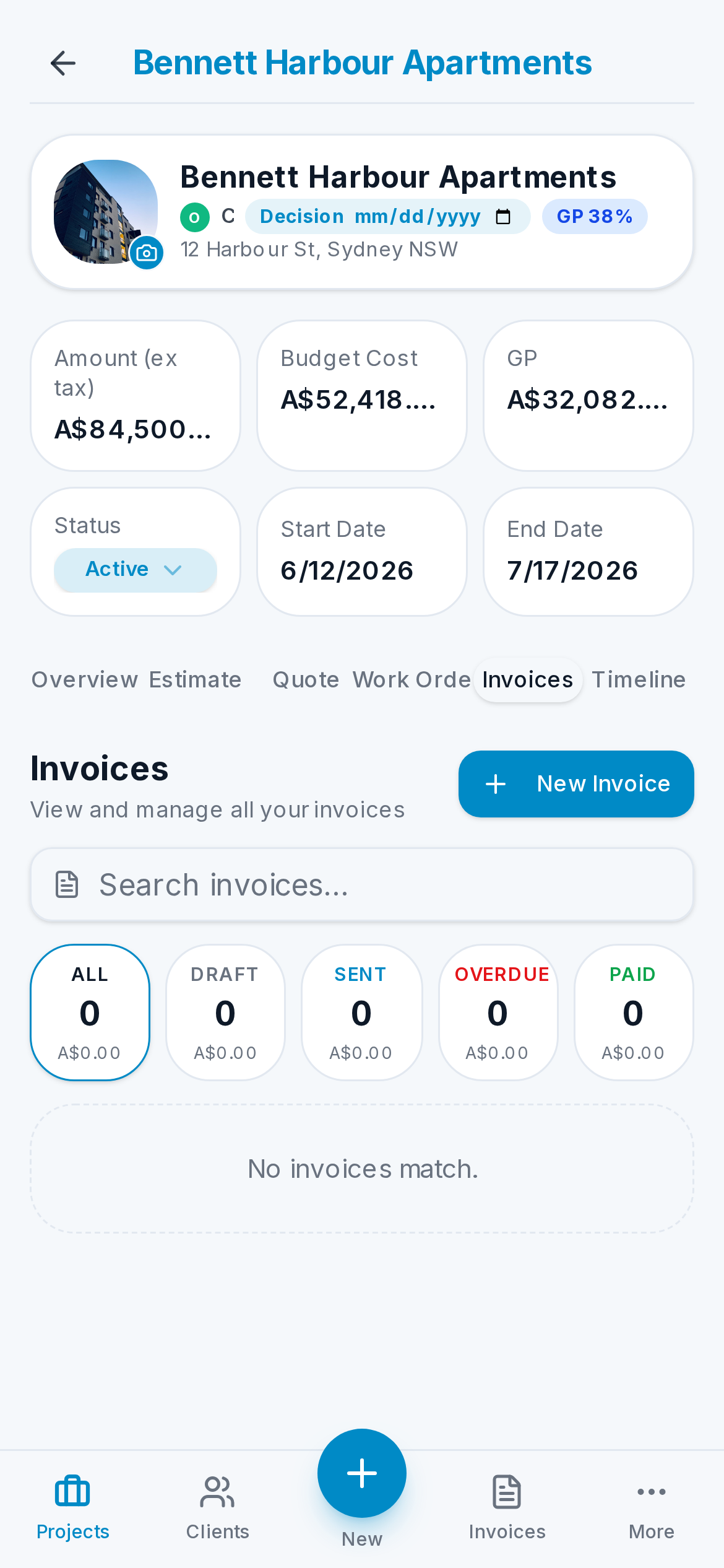 Invoices panel inside a project with summary tiles