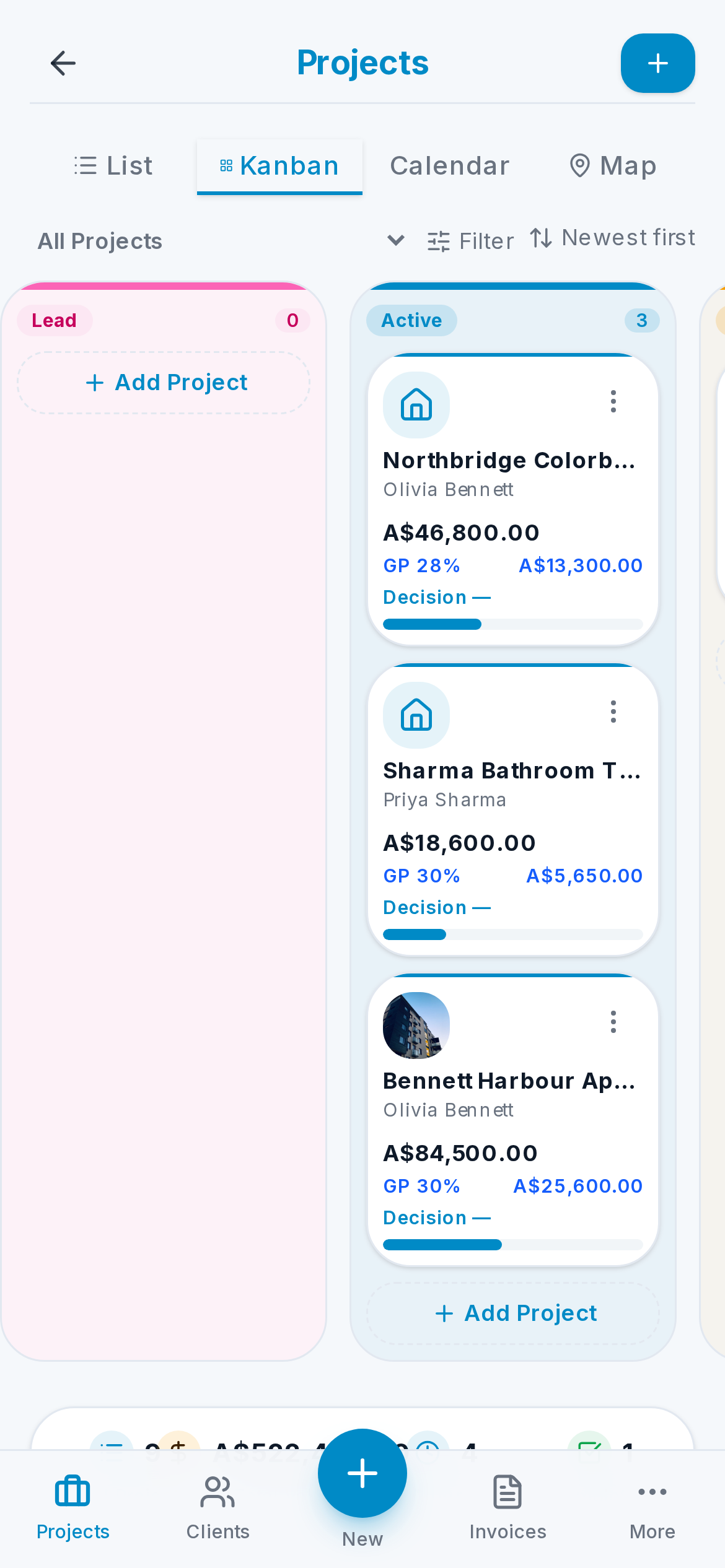 Projects Kanban board with Lead, Active and In Progress columns