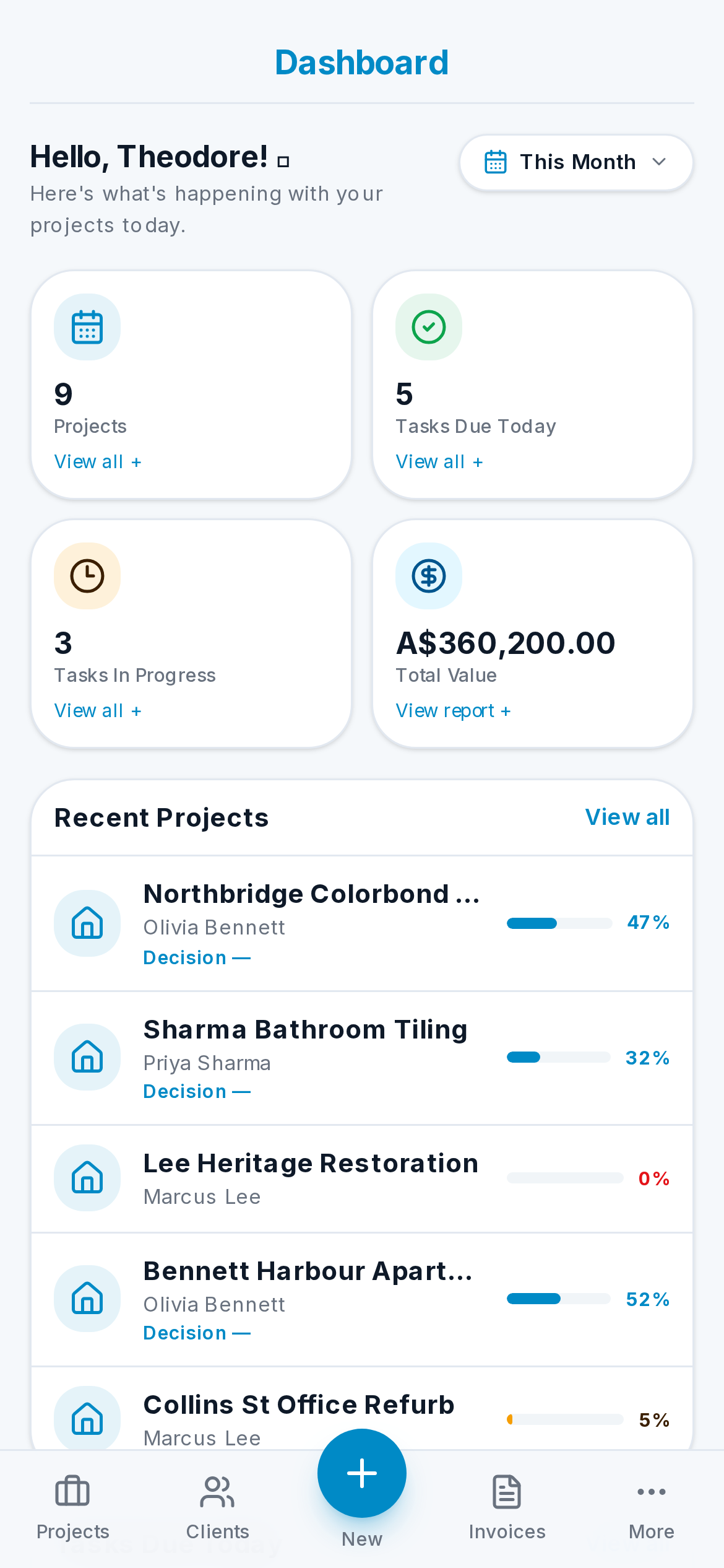 RunProjex dashboard on iPhone showing project KPIs and recent projects