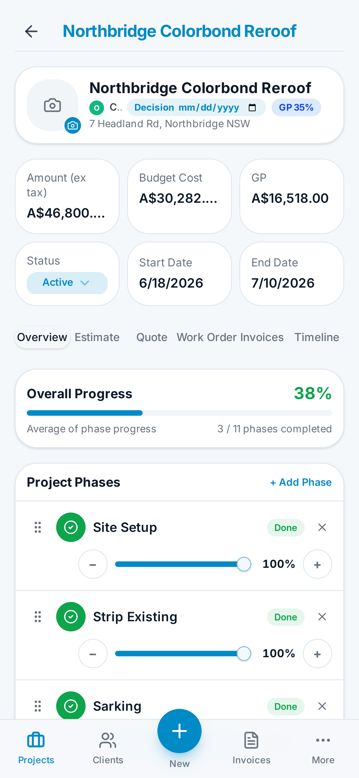 Project overview on iPhone showing phases with progress sliders